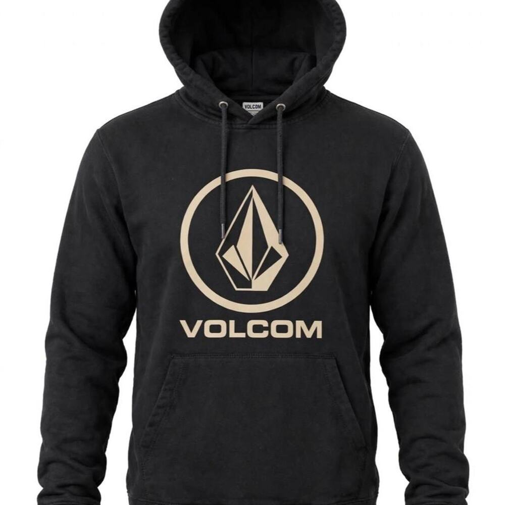 Volcom Mens Hoodie S Black Washed Stone Logo Pullover Tan Circle Graphic Fleece